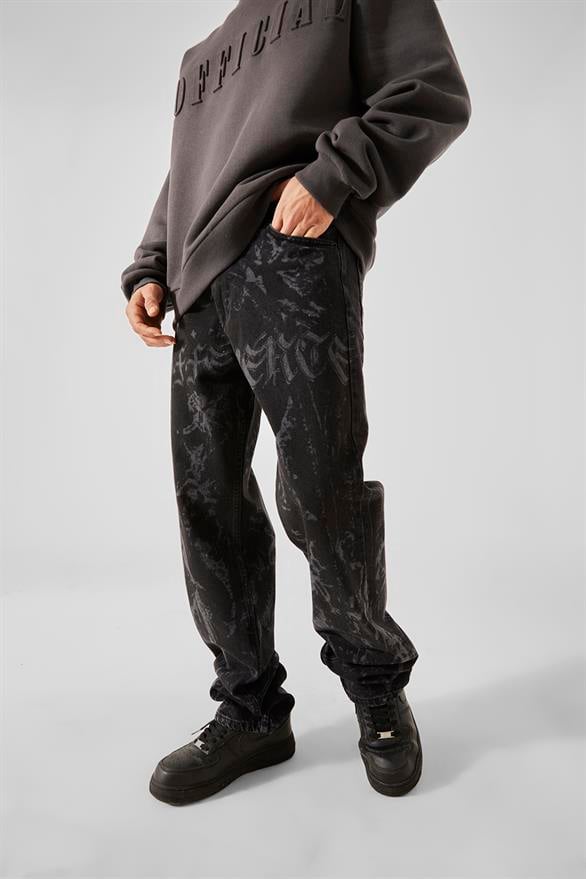 Desen Baskılı Siyah Baggy Jean
