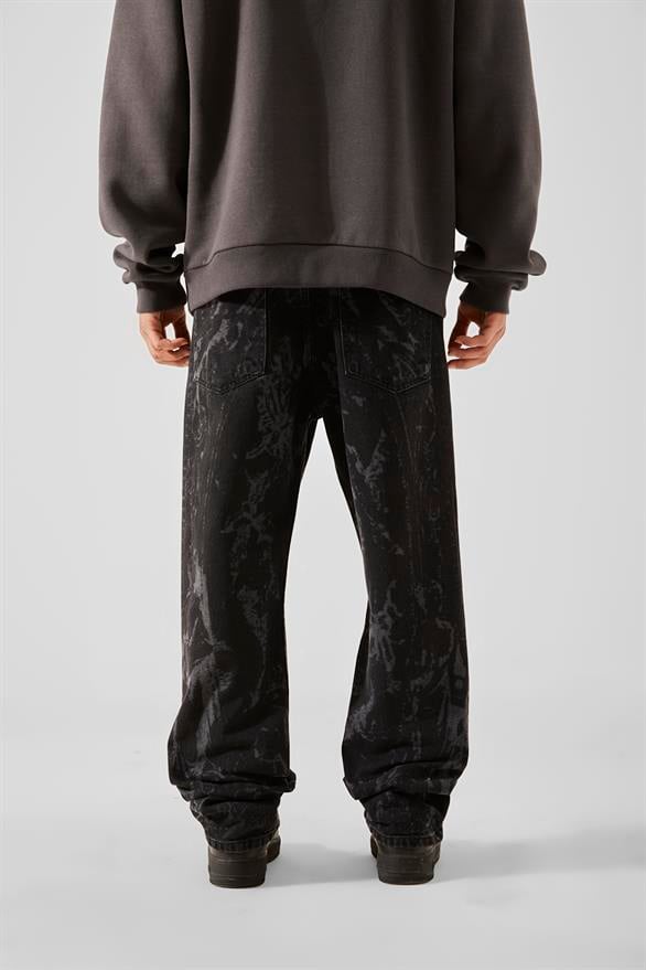 Desen Baskılı Siyah Baggy Jean