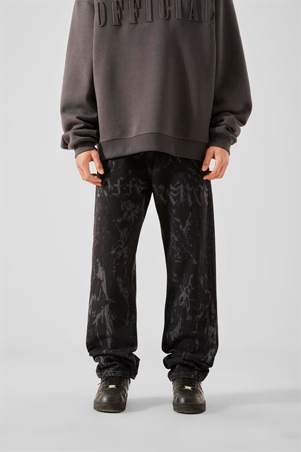 Desen Baskılı Siyah Baggy Jean