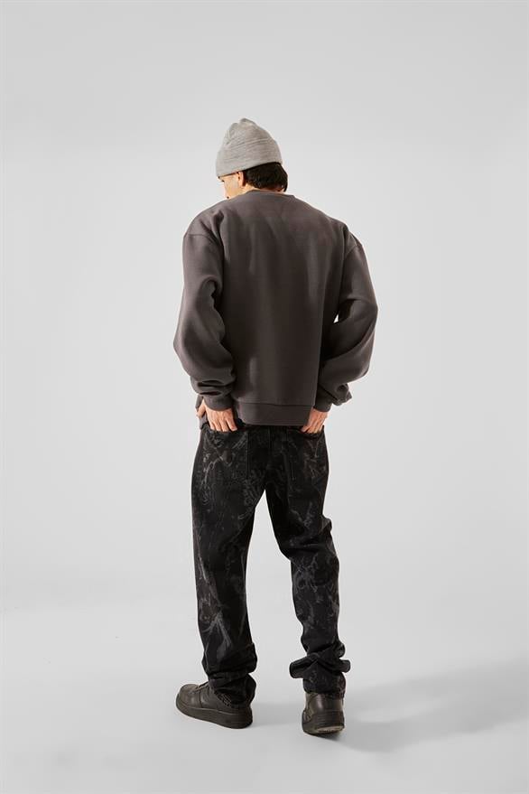 Desen Baskılı Siyah Baggy Jean