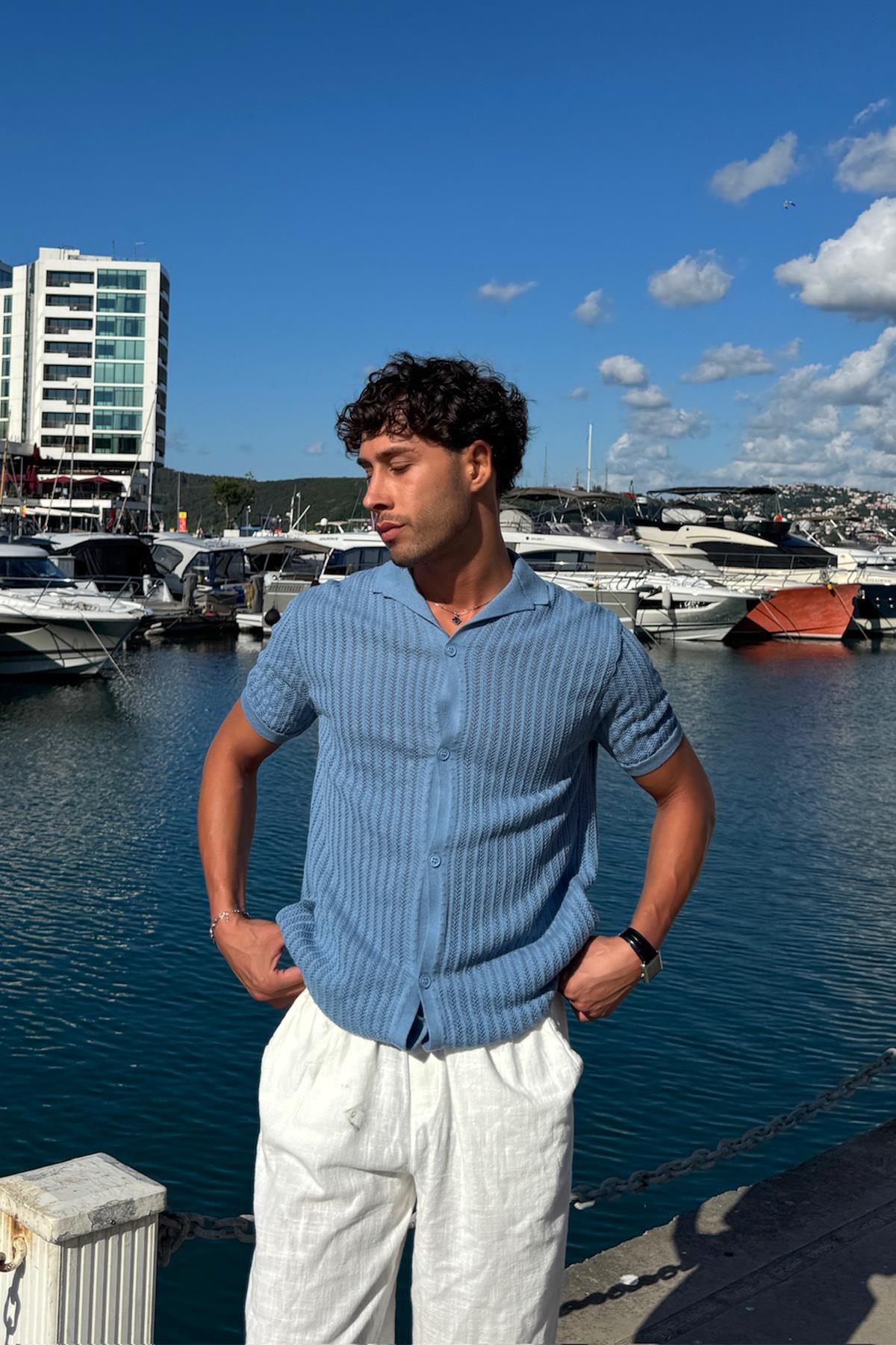 Desenli Triko Gömlek Mavi