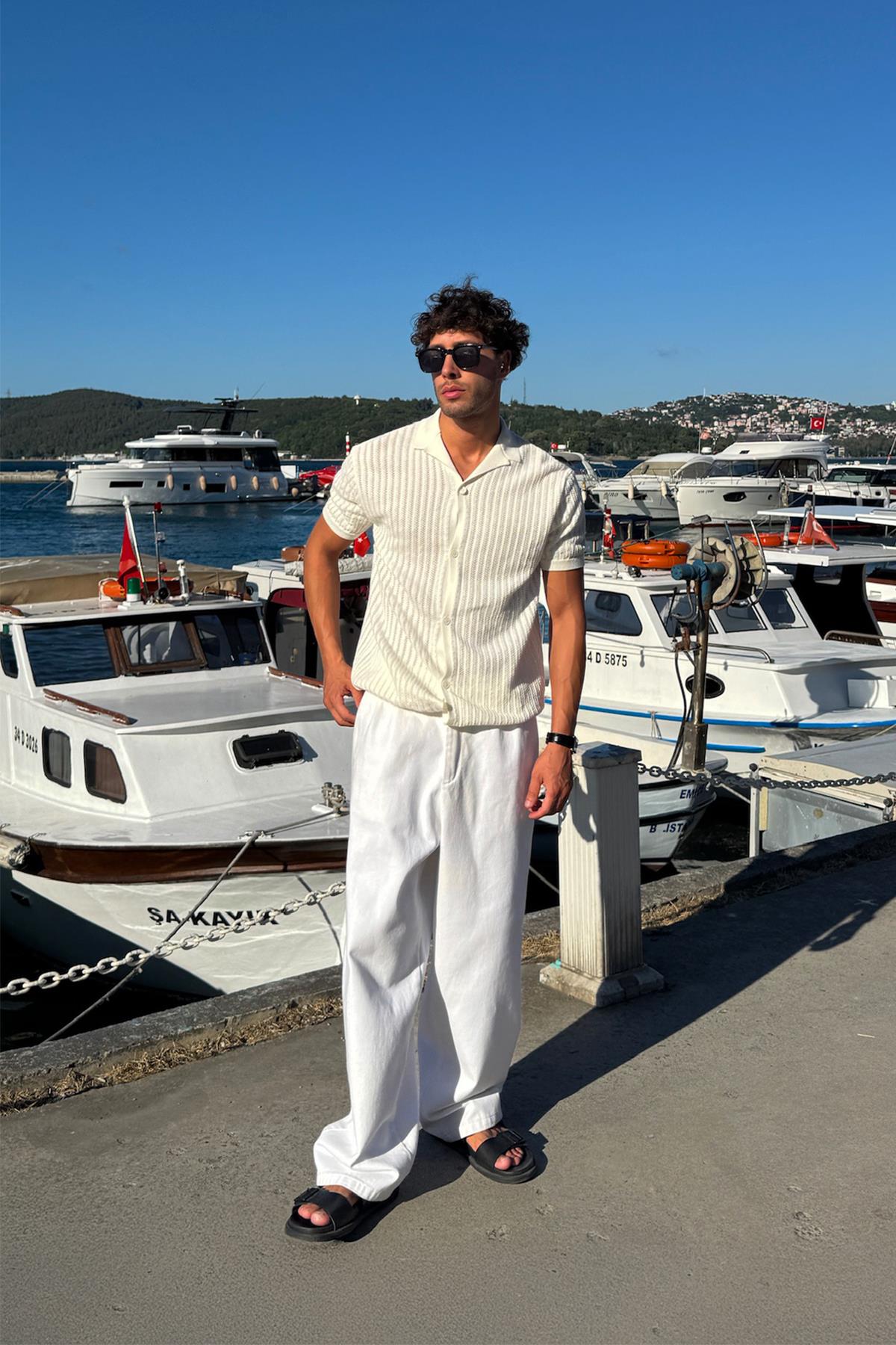 Desenli Triko Gömlek Ekru