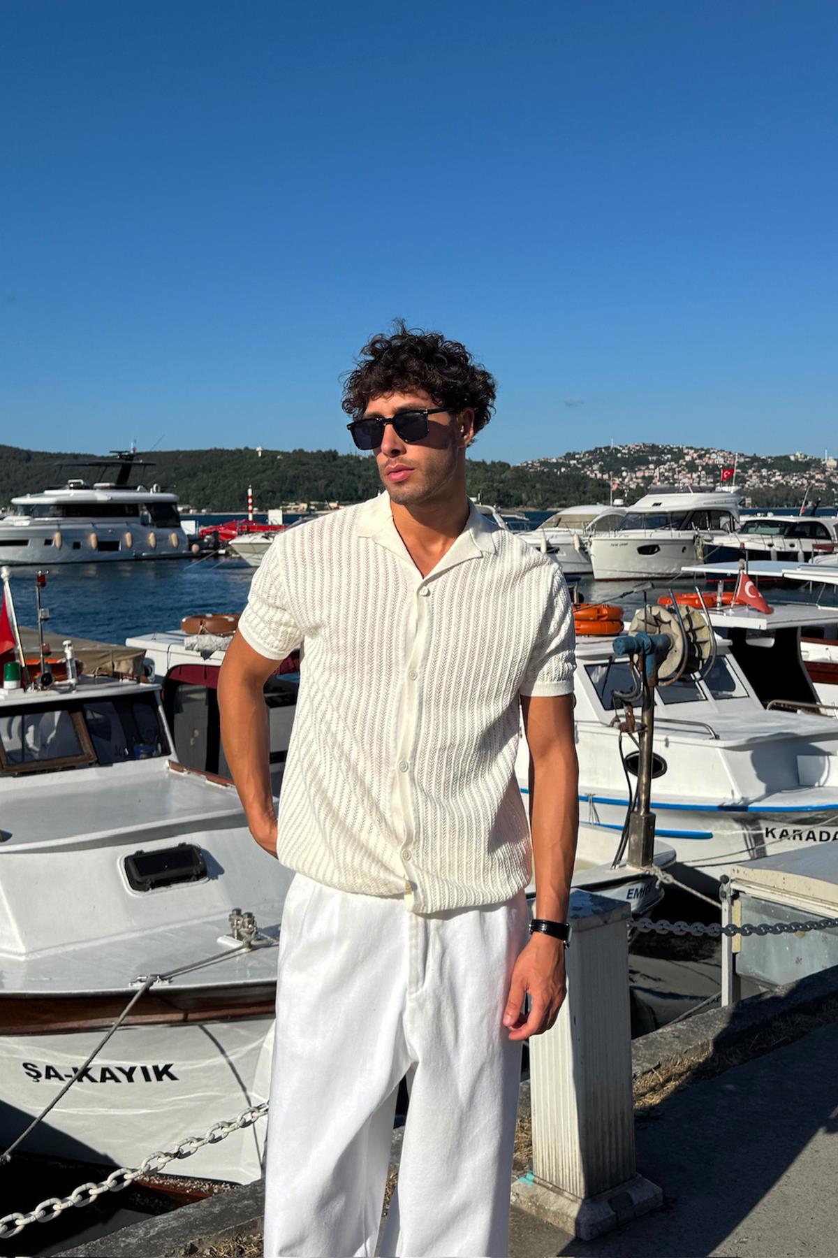 Desenli Triko Gömlek Ekru