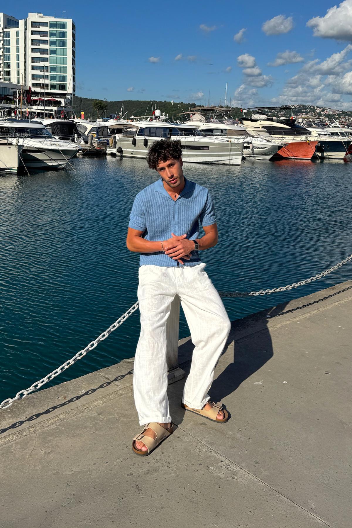 Desenli Triko Gömlek Mavi