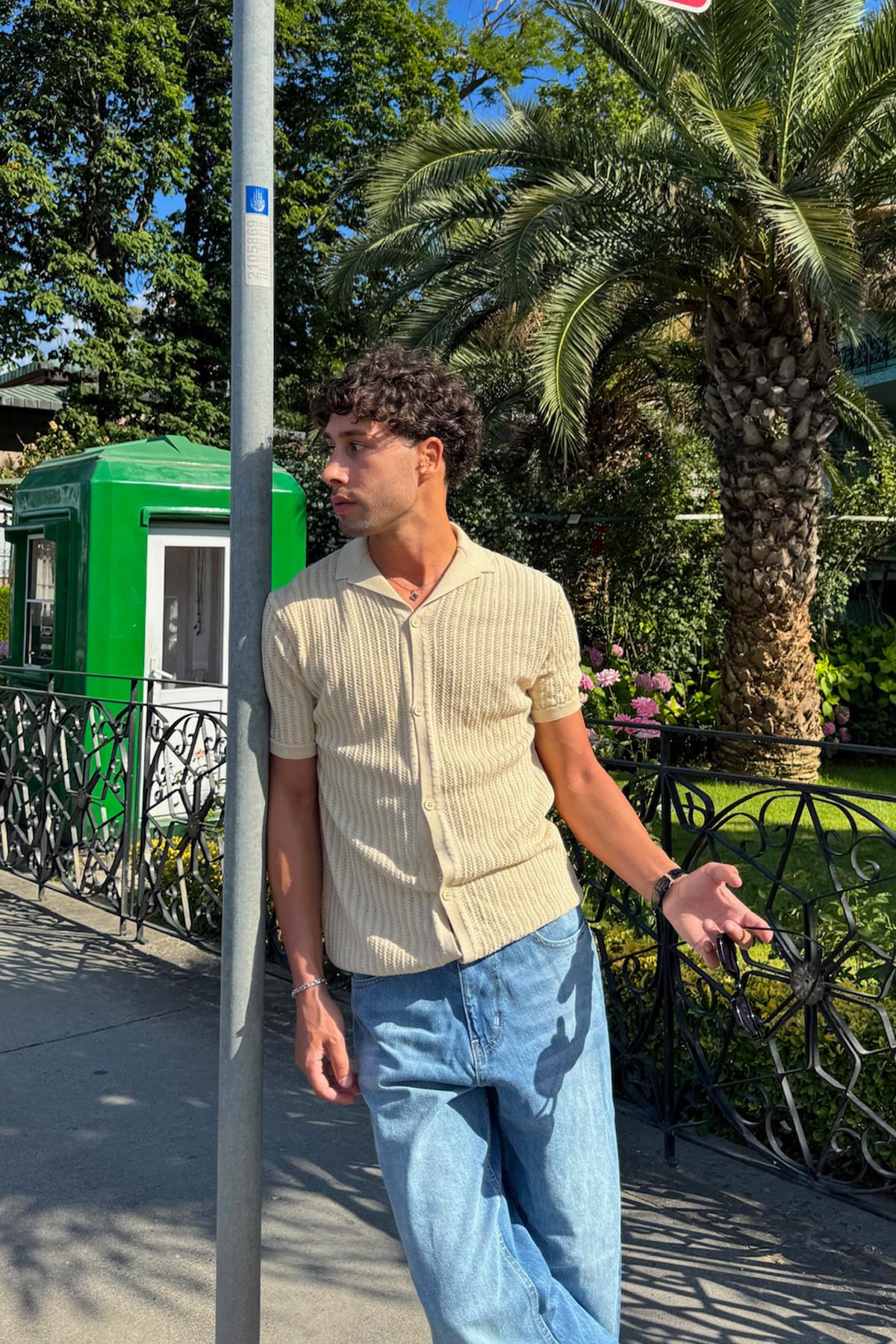 Desenli Triko Gömlek Bej