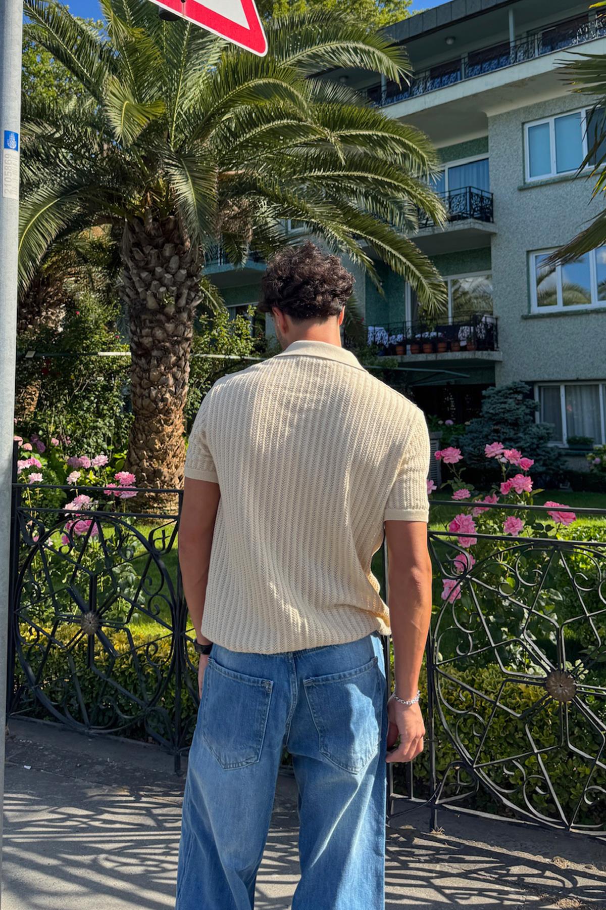 Desenli Triko Gömlek Bej