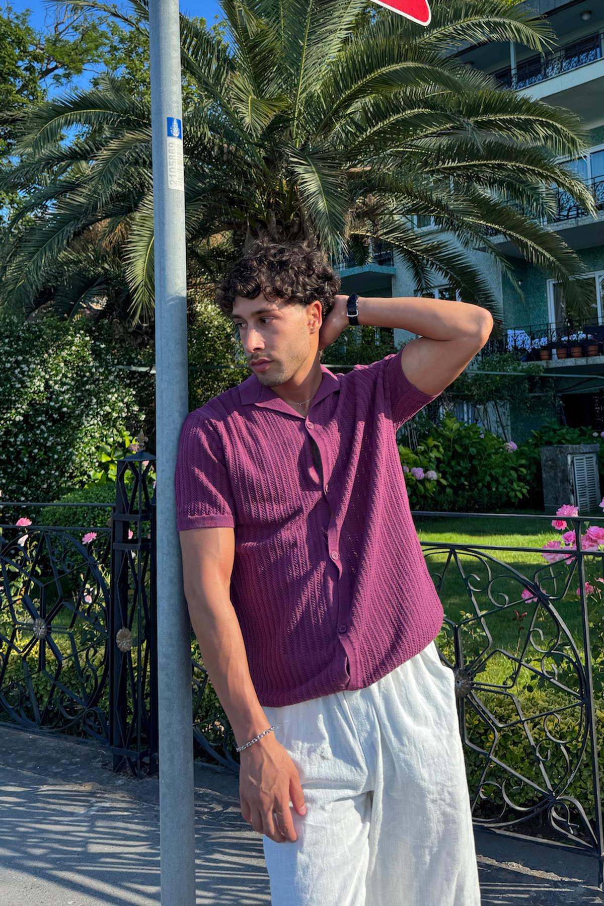 Desenli Triko Gömlek Mürdüm