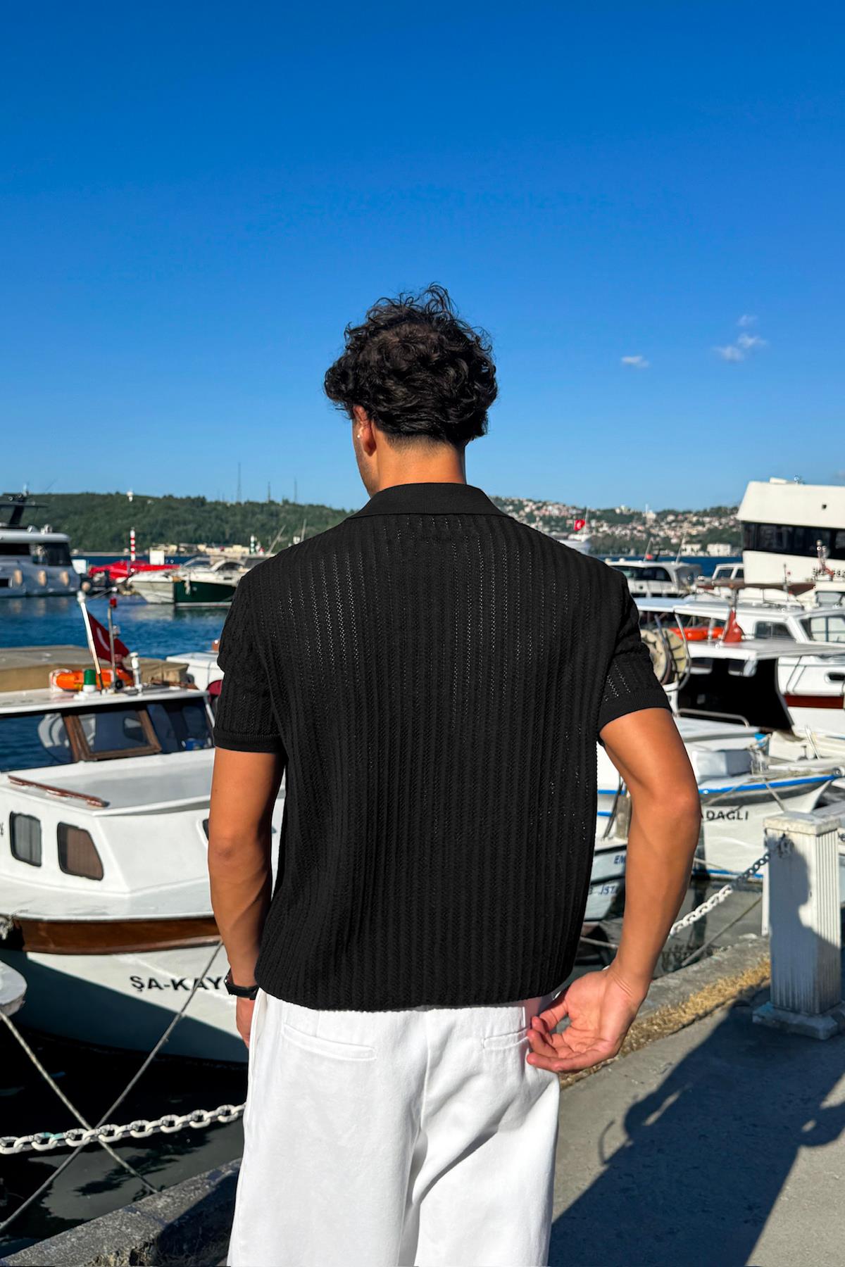 Desenli Triko Gömlek Siyah