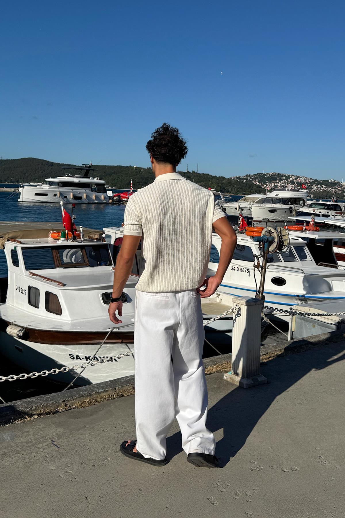 Desenli Triko Gömlek Ekru