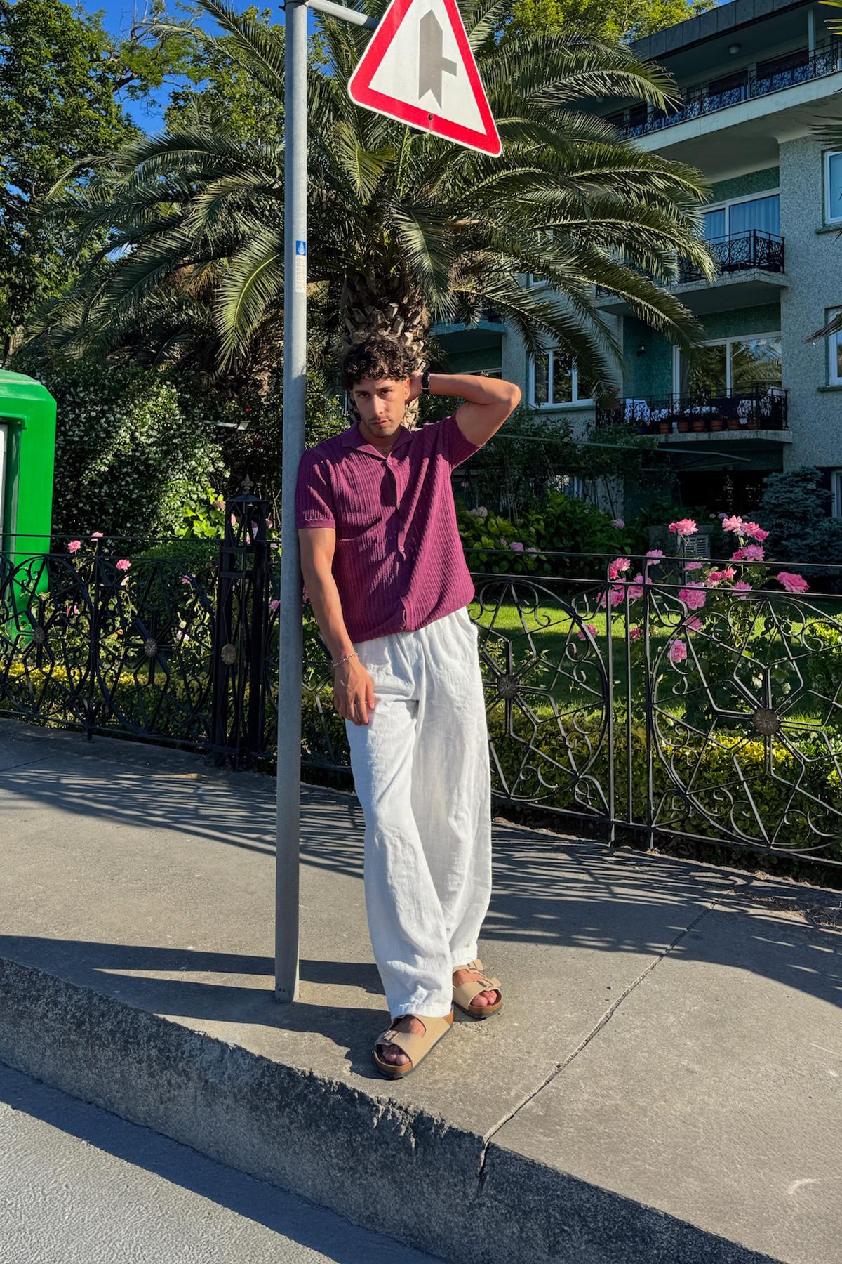 Desenli Triko Gömlek Mürdüm