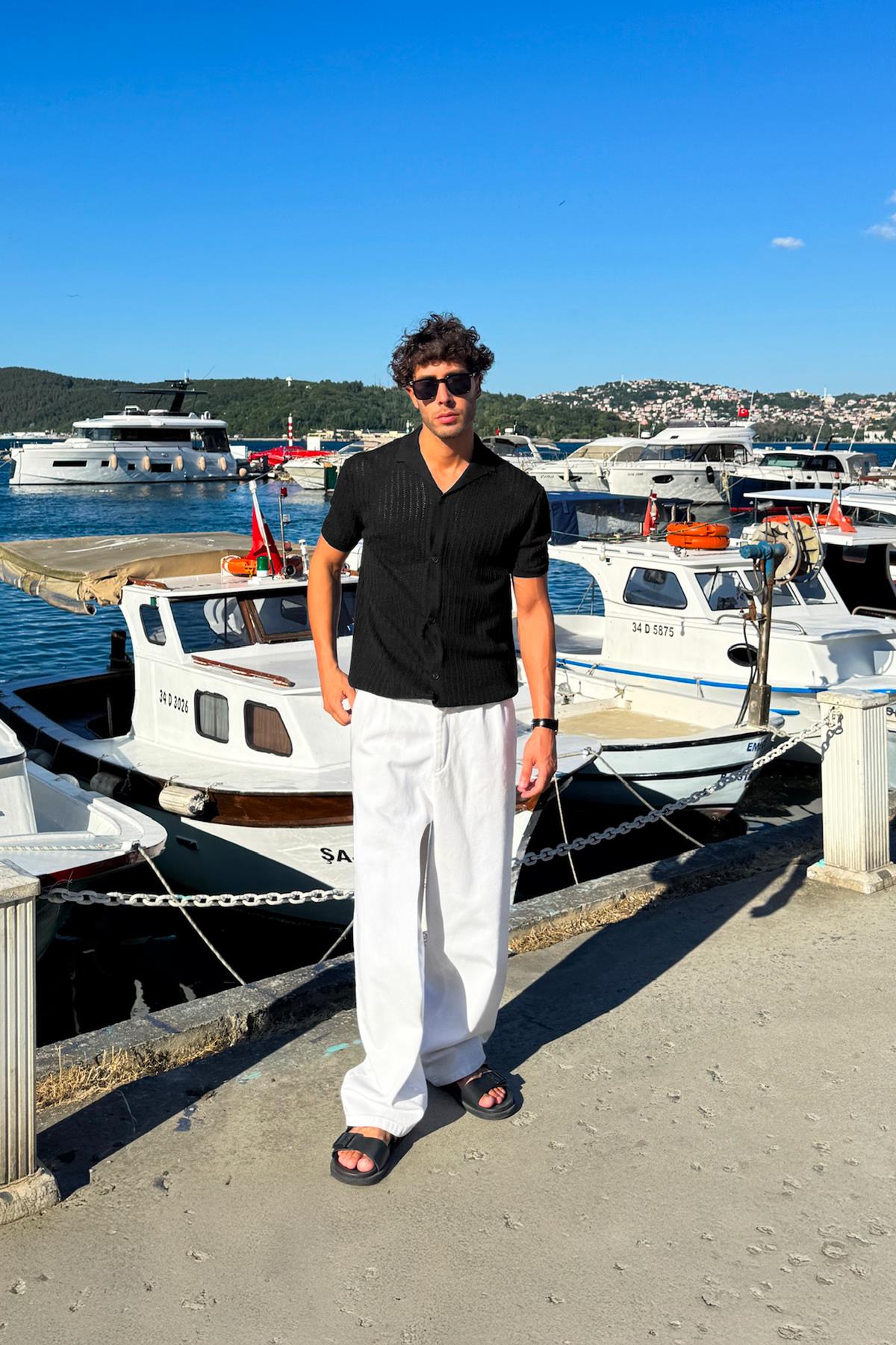 Desenli Triko Gömlek Siyah