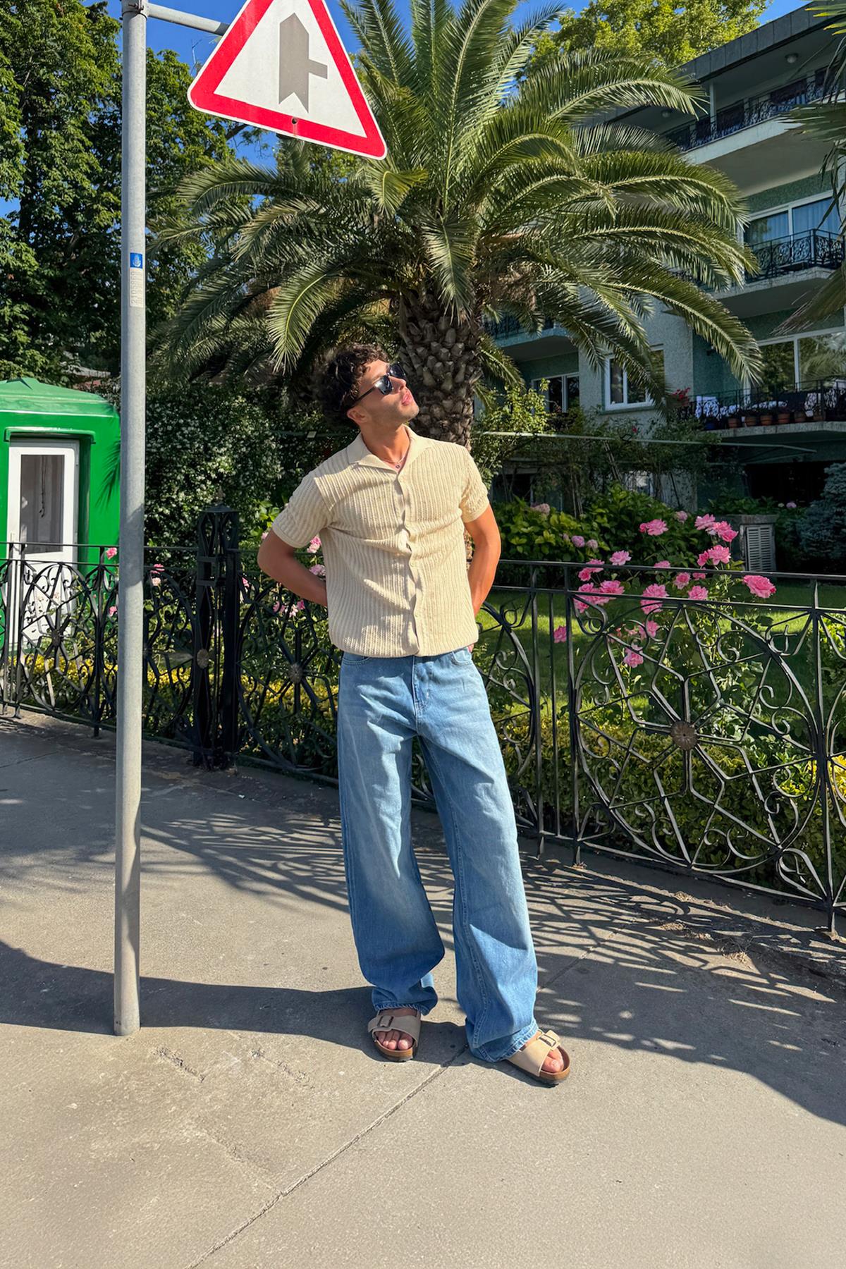 Desenli Triko Gömlek Bej