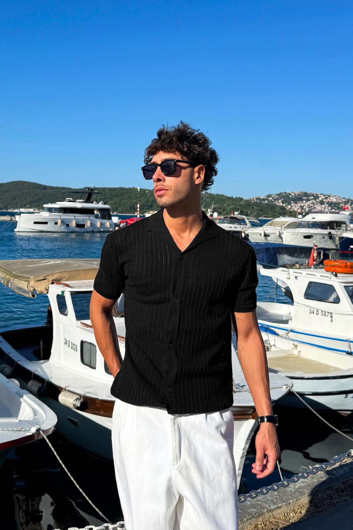 Desenli Triko Gömlek Siyah