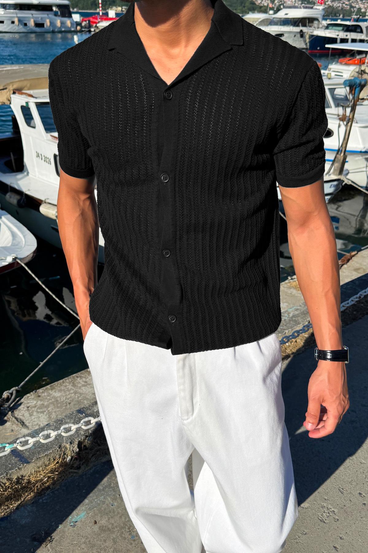 Desenli Triko Gömlek Siyah