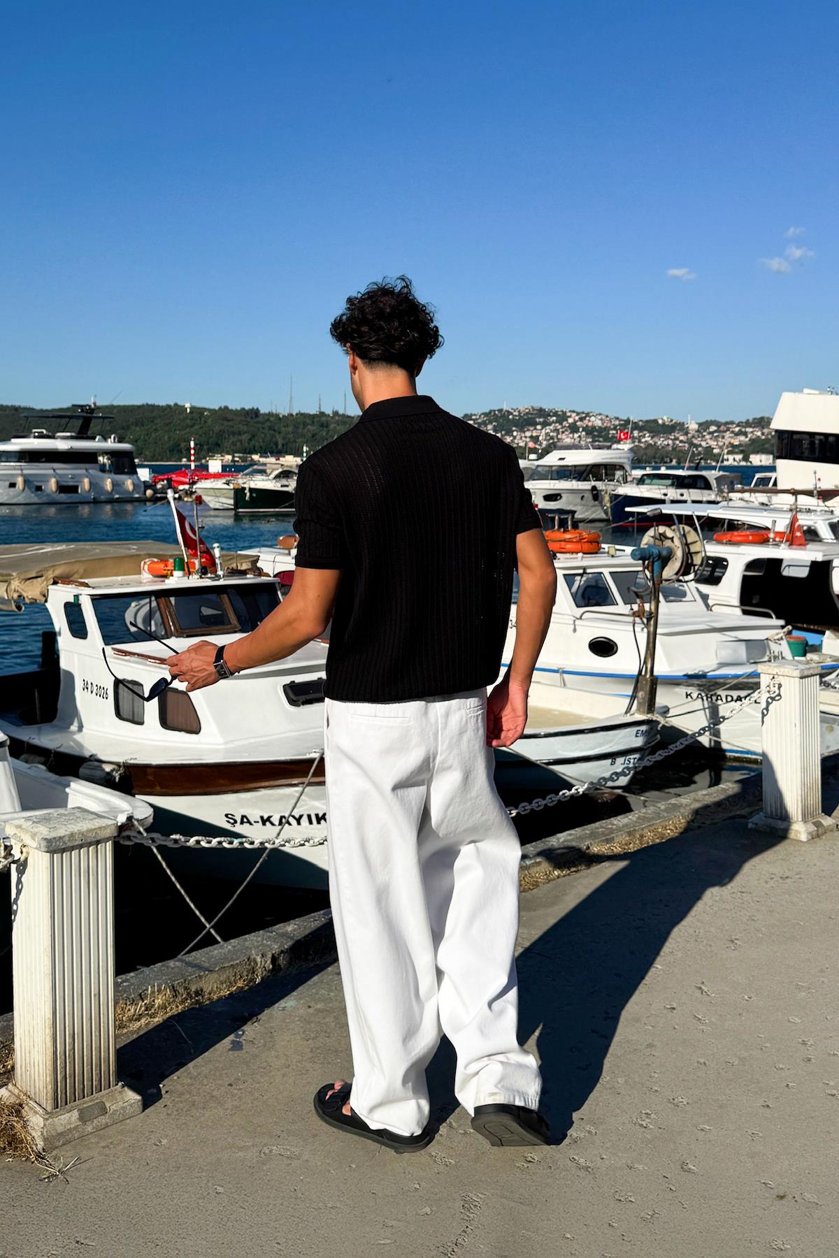 Desenli Triko Gömlek Siyah