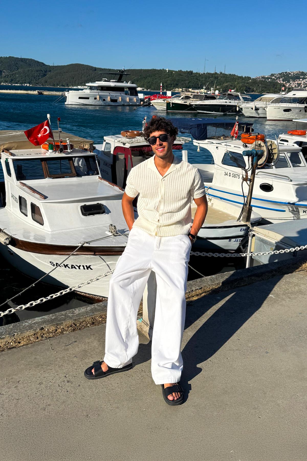 Desenli Triko Gömlek Ekru