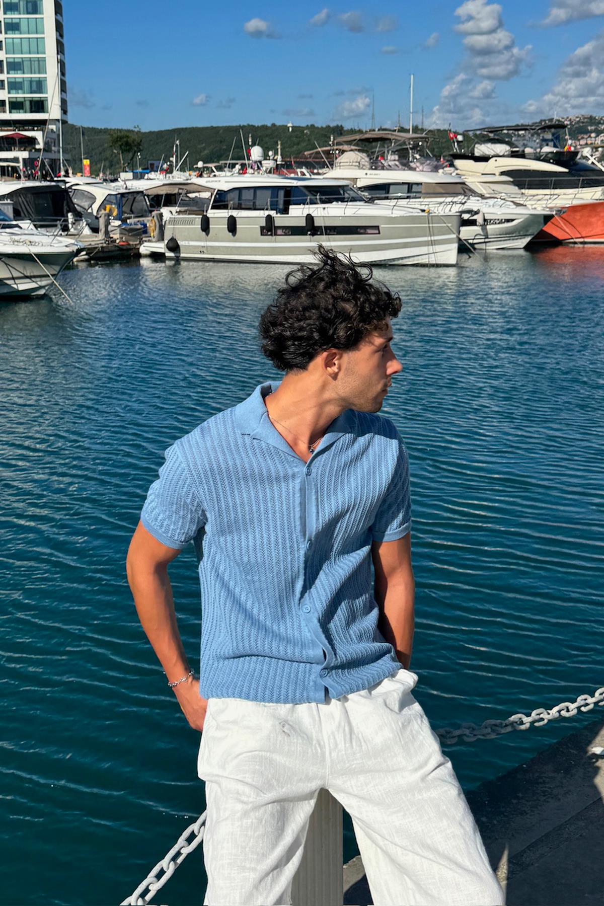 Desenli Triko Gömlek Mavi