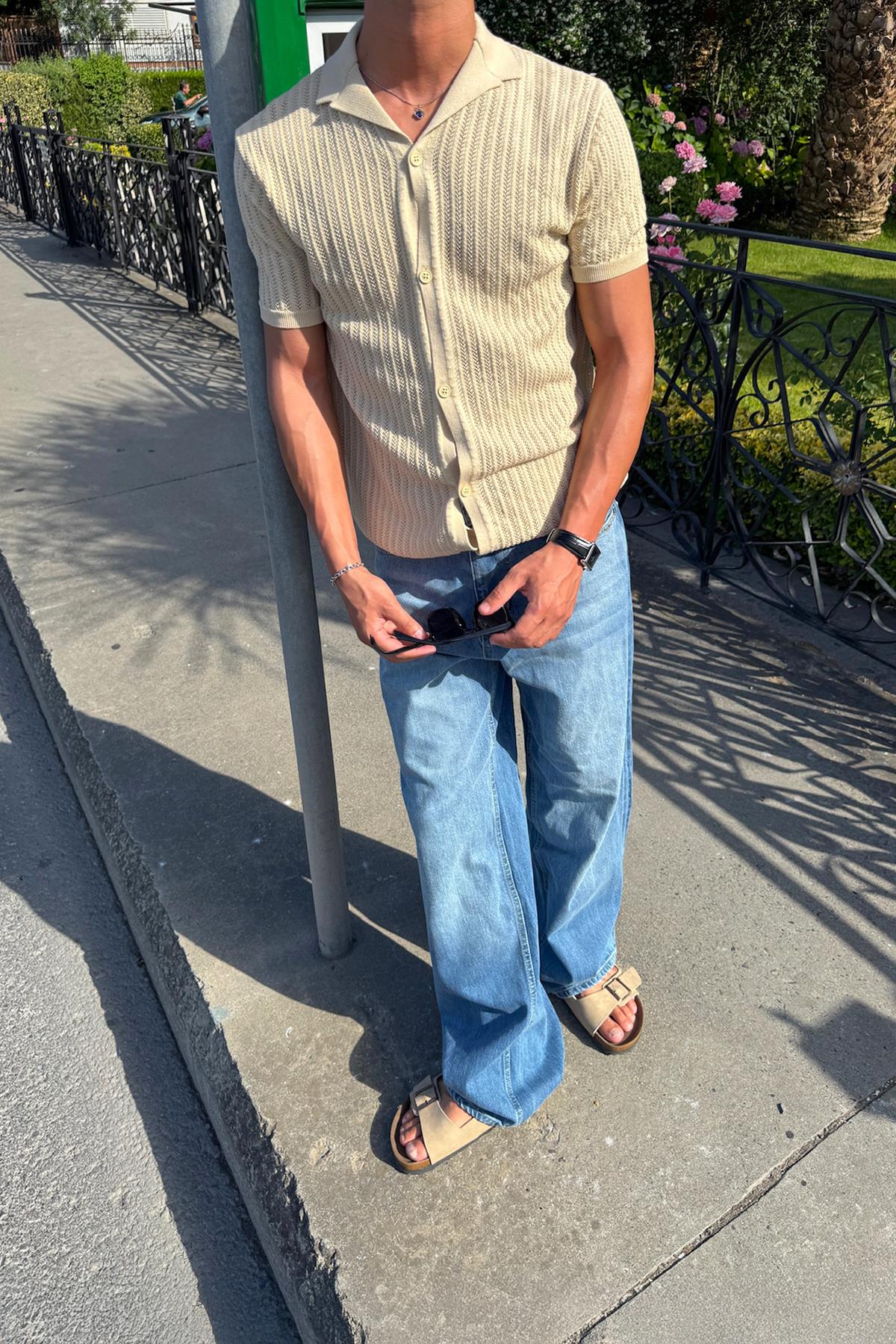 Desenli Triko Gömlek Bej