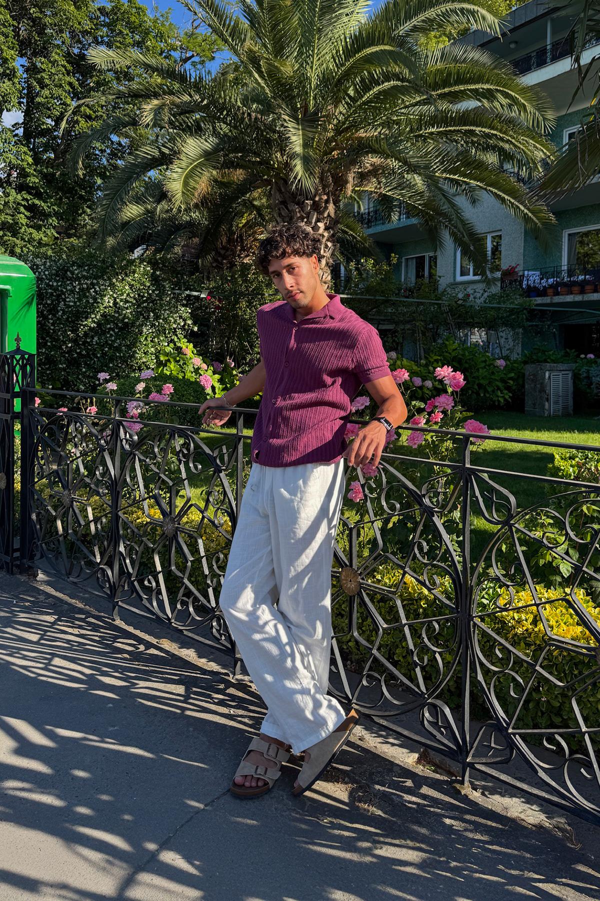 Desenli Triko Gömlek Mürdüm