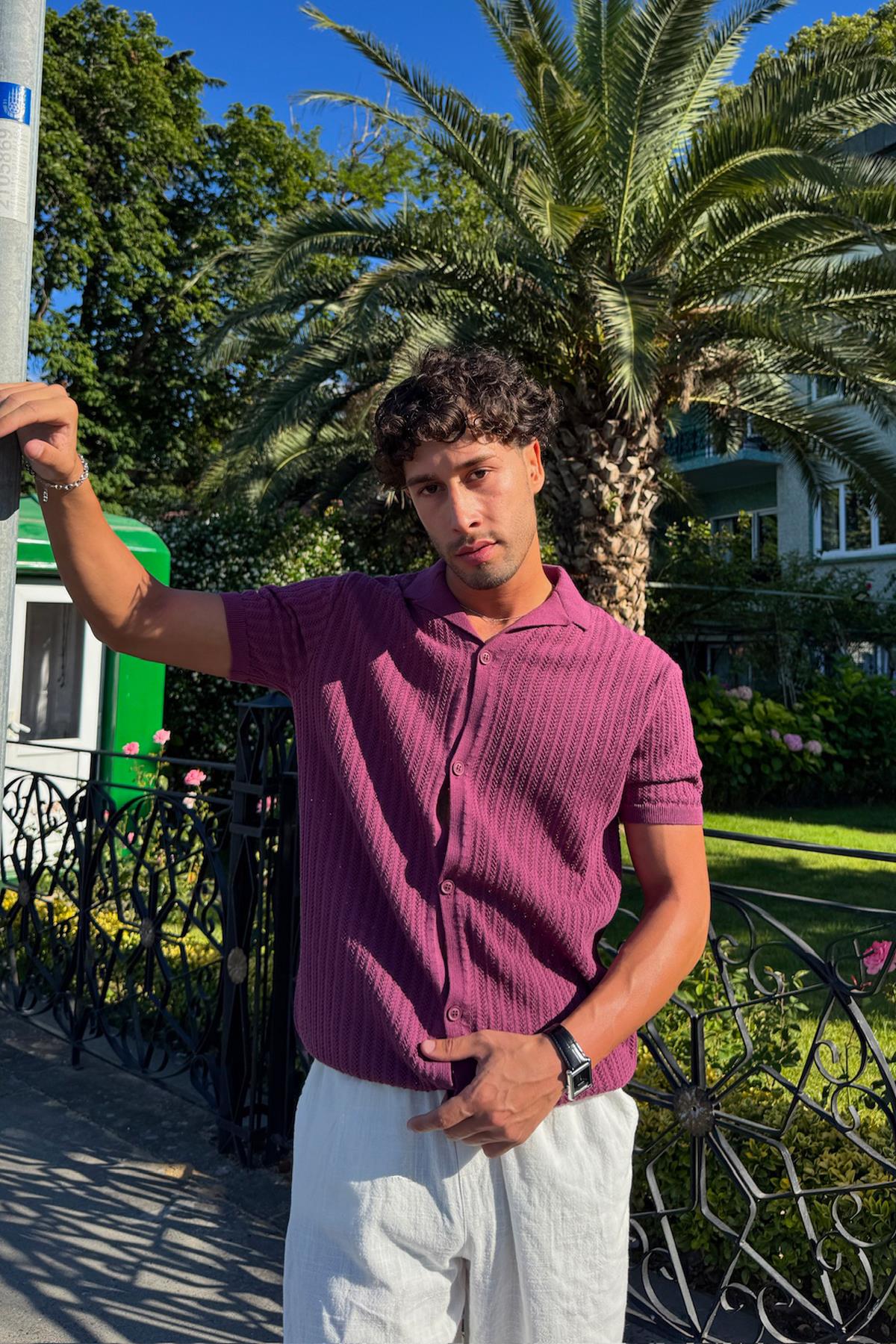 Desenli Triko Gömlek Mürdüm