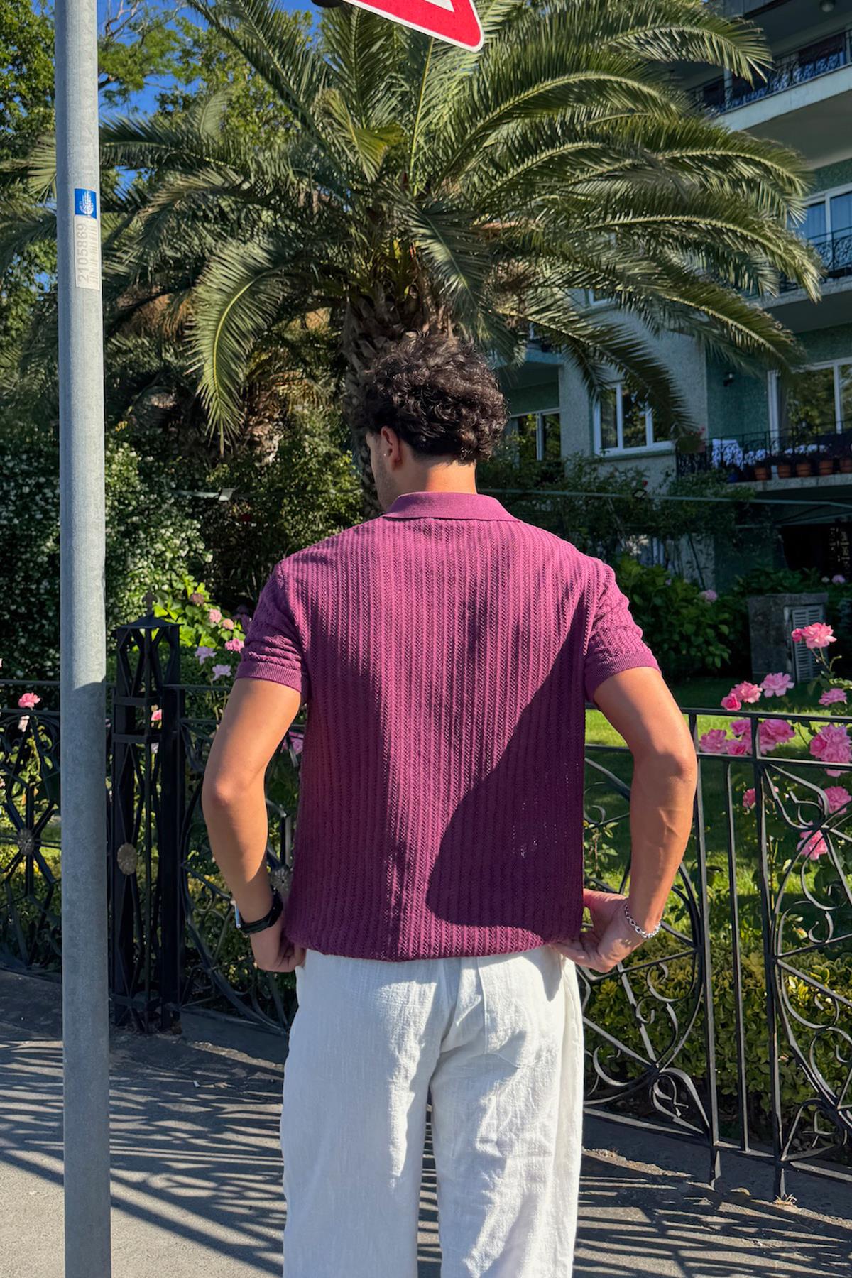 Desenli Triko Gömlek Mürdüm