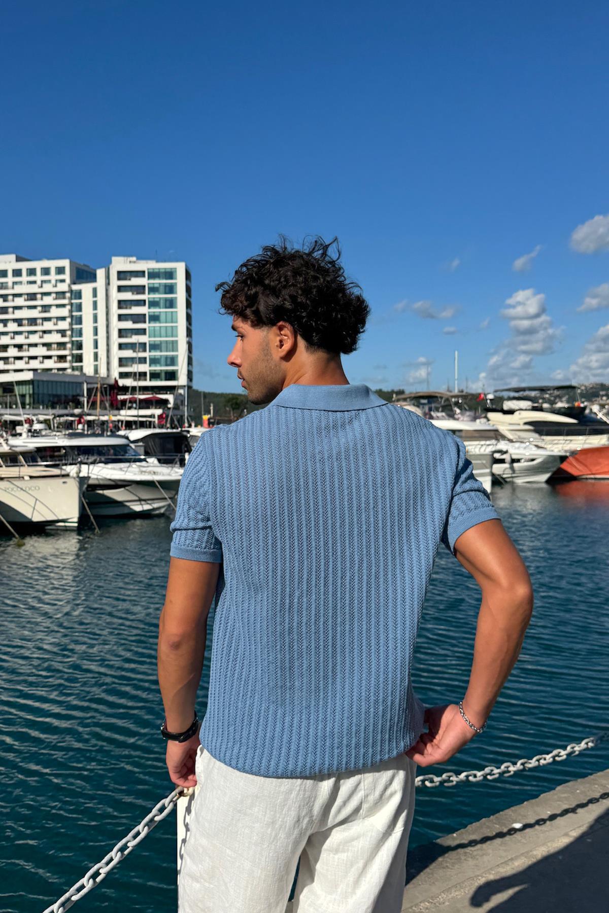 Desenli Triko Gömlek Mavi