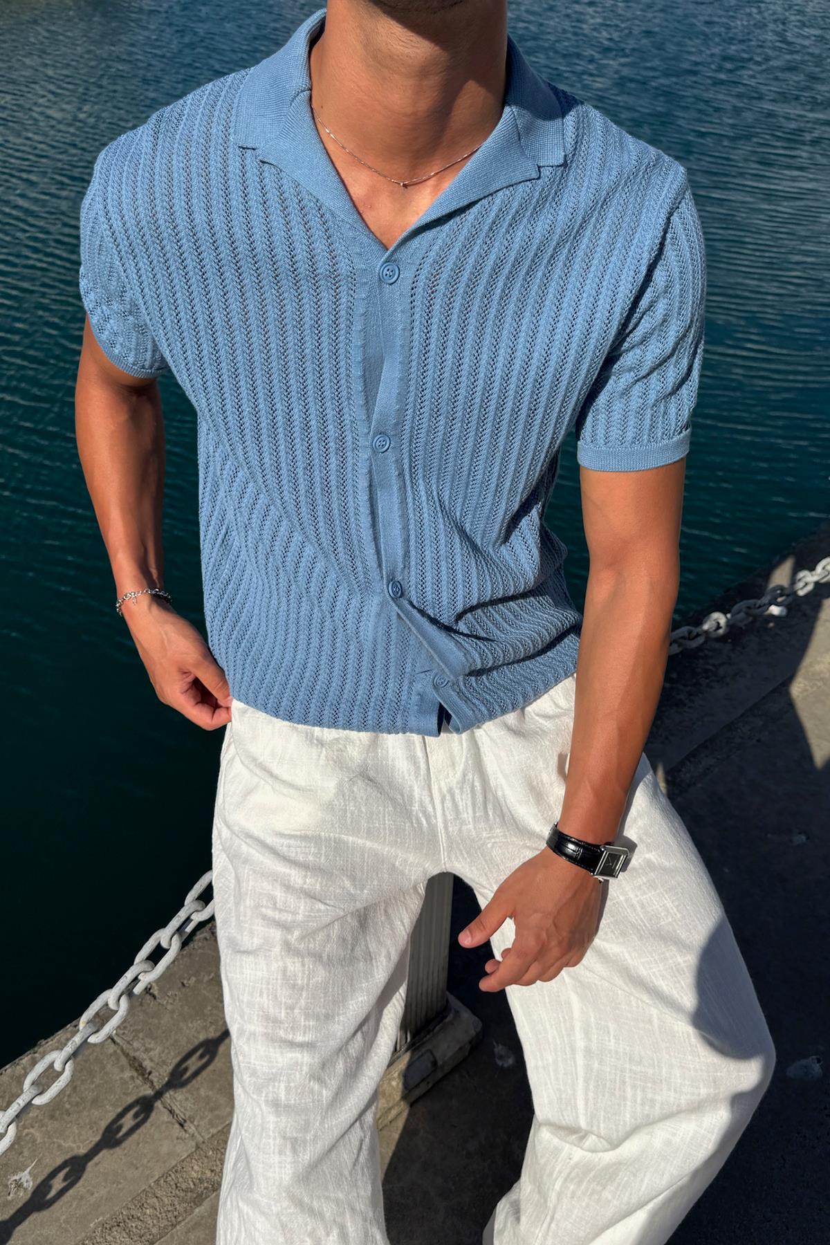 Desenli Triko Gömlek Mavi