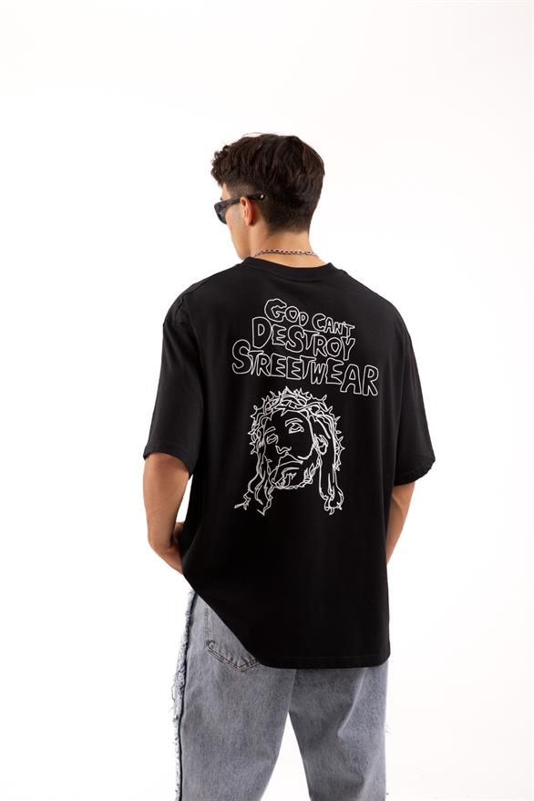 Destroy Streetwear Baskılı Siyah Oversize Tişört