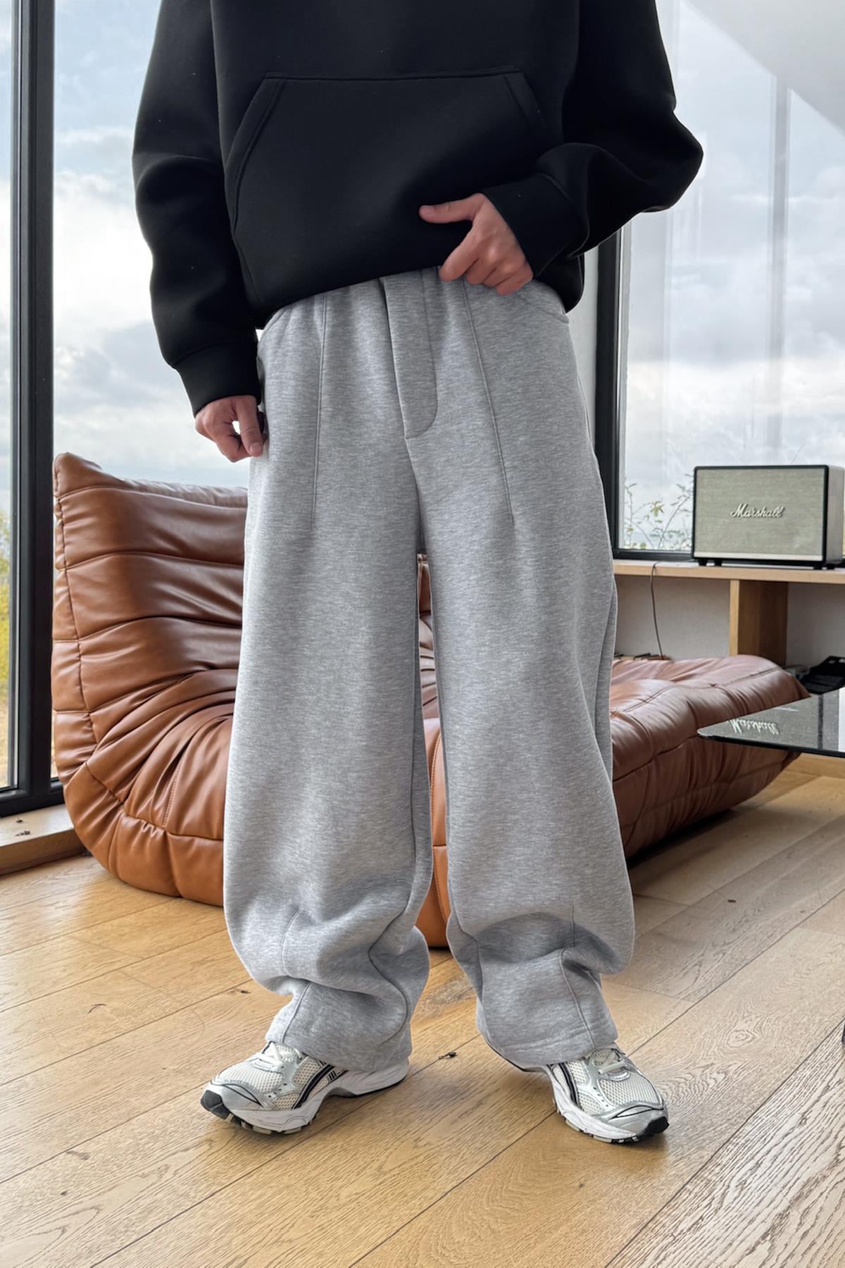 Dikiş Detaylı Baggy Eşofman Gri Melanj