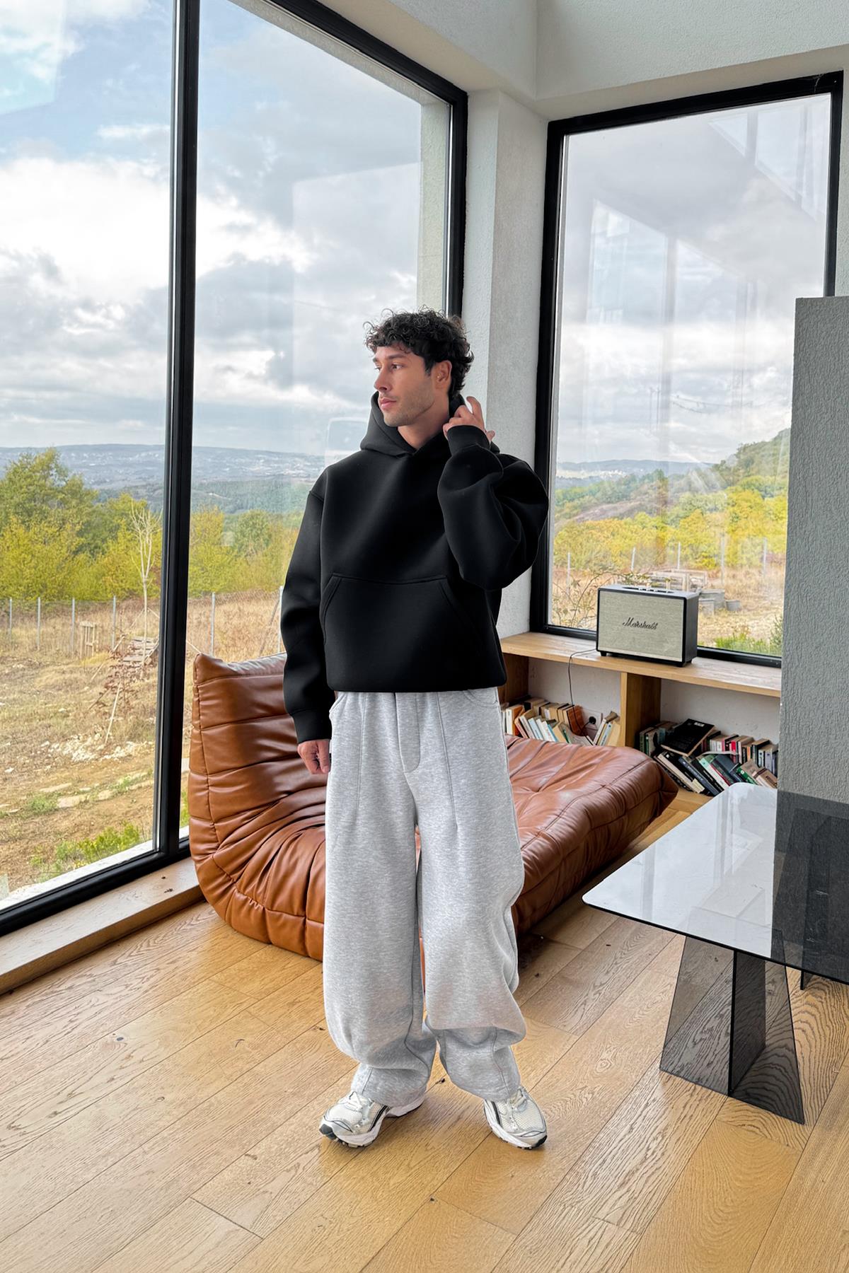 Dikiş Detaylı Baggy Eşofman Gri Melanj
