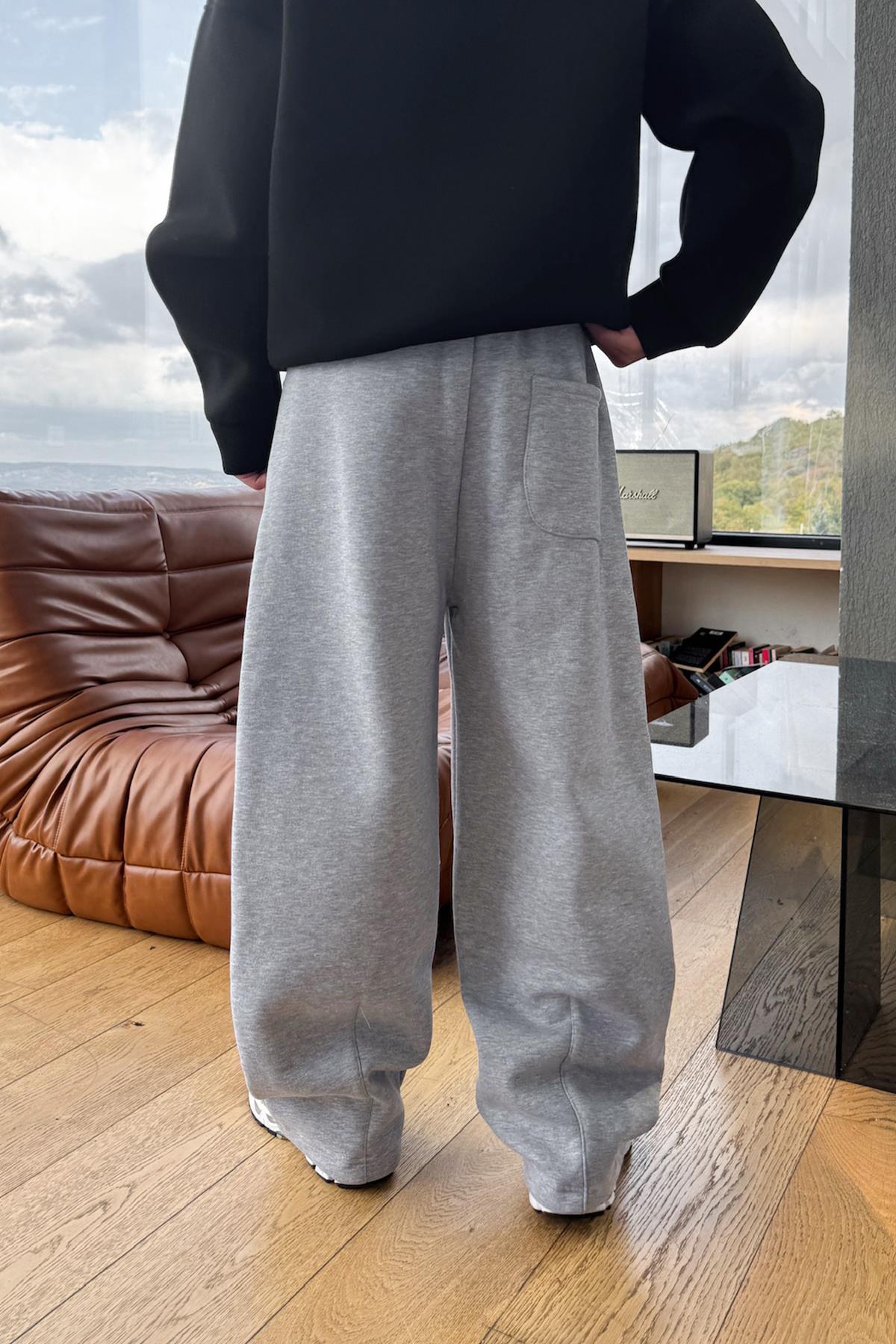 Dikiş Detaylı Baggy Eşofman Gri Melanj