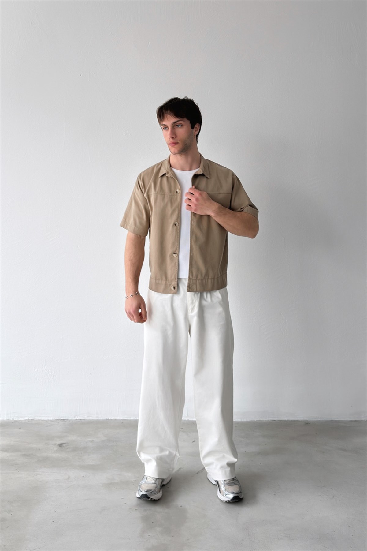 Dikişli Kısa Kol Vizon Gabardin Gömlek