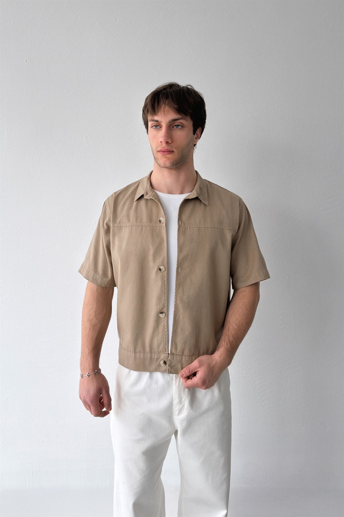 Dikişli Kısa Kol Vizon Gabardin Gömlek