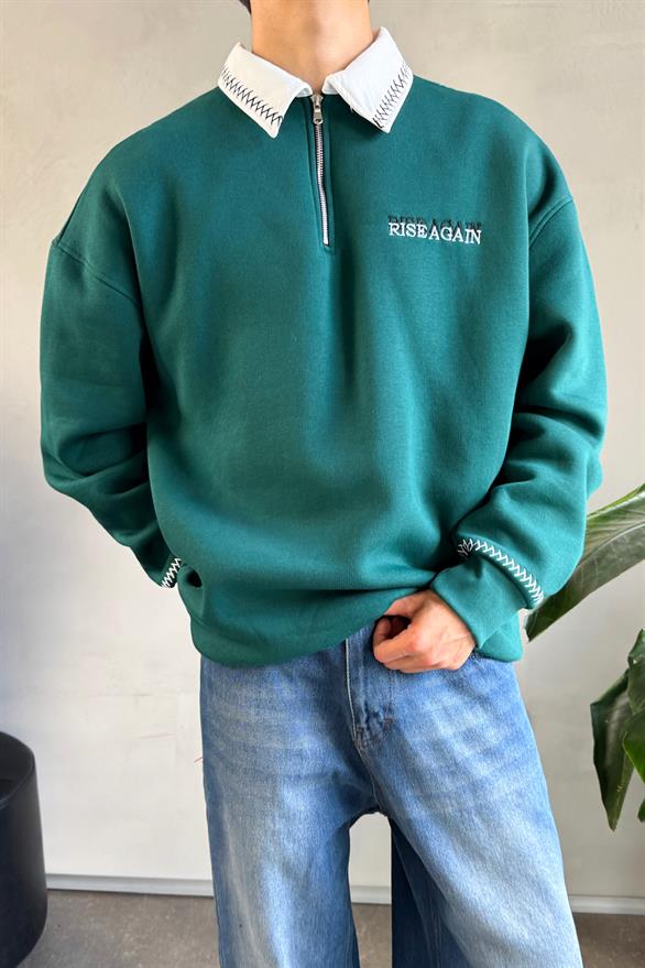 Dikişli Yaka Half Zip Yeşil Oversize Sweatshirt