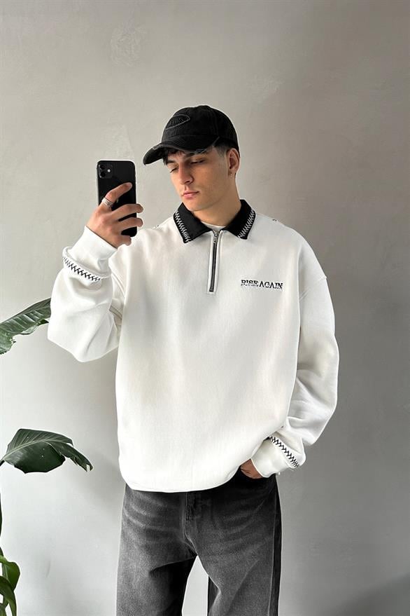 Dikişli Yaka Half Zip Oversize Beyaz Sweatshirt