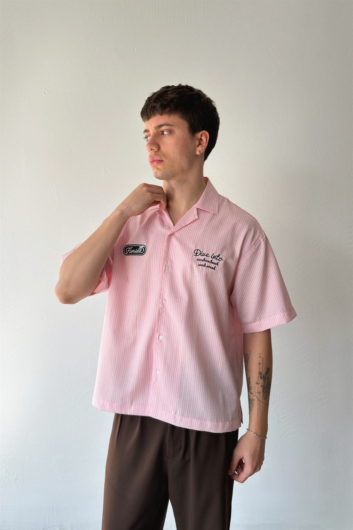 Dive İnto Nakışlı Çizgili Poplin Kısa Kol Gömlek