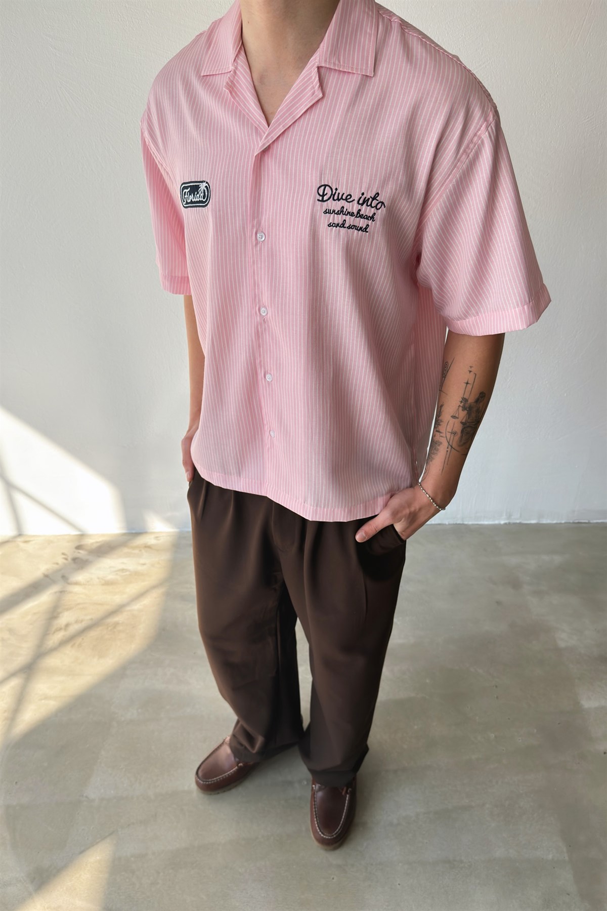 Dive İnto Nakışlı Çizgili Poplin Kısa Kol Gömlek