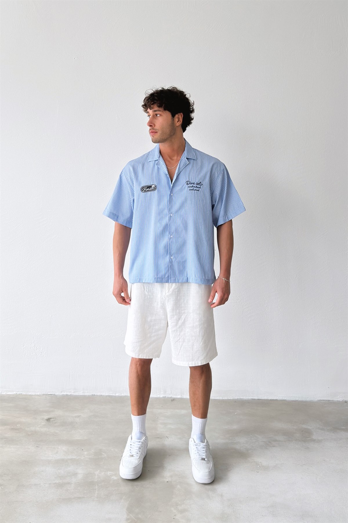 Dive İnto Nakışlı Çizgili Poplin Kısa Kol Gömlek