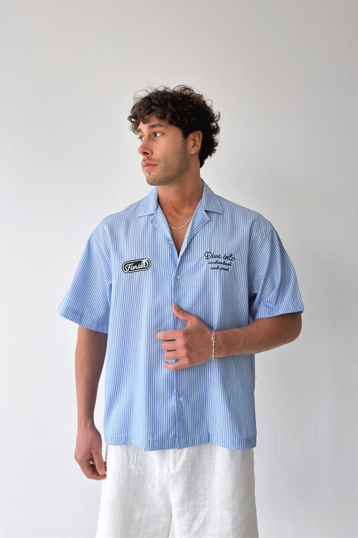 Dive İnto Nakışlı Çizgili Poplin Kısa Kol Gömlek