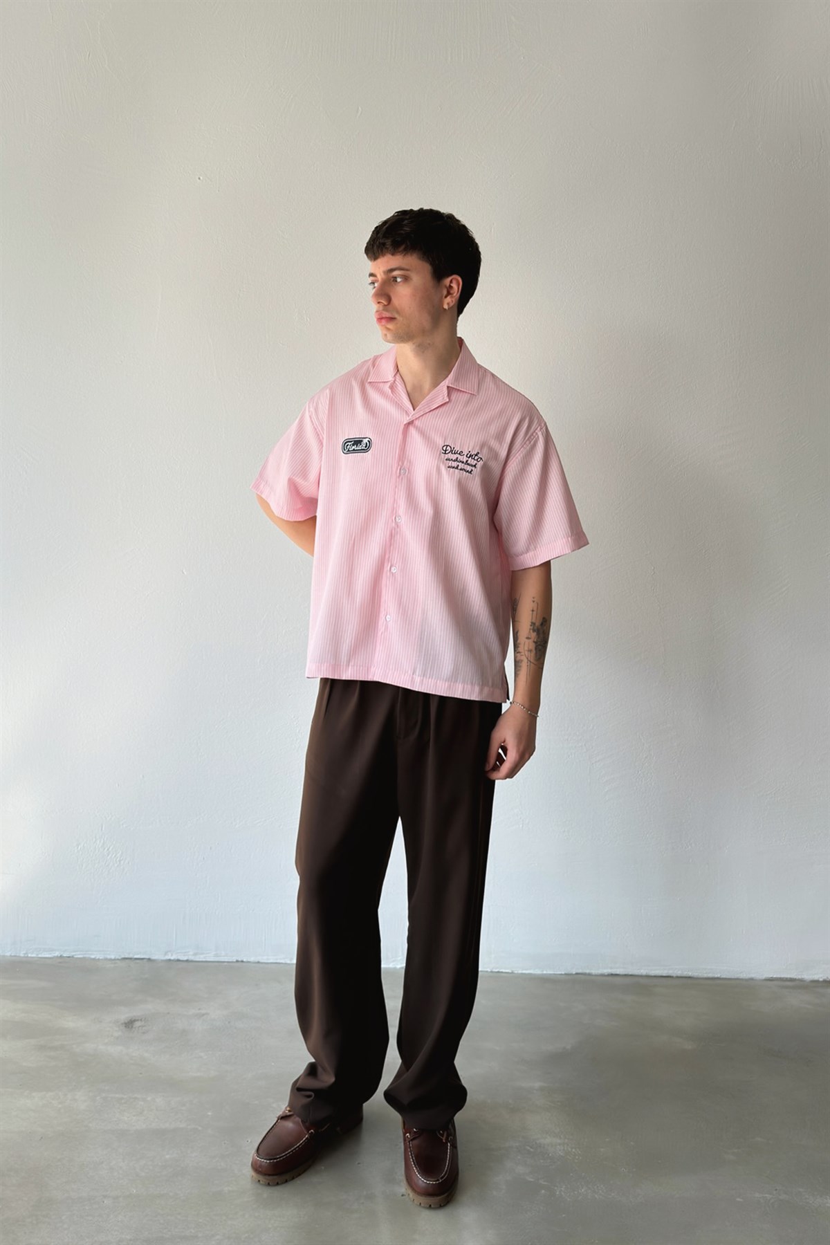 Dive İnto Nakışlı Çizgili Poplin Kısa Kol Gömlek