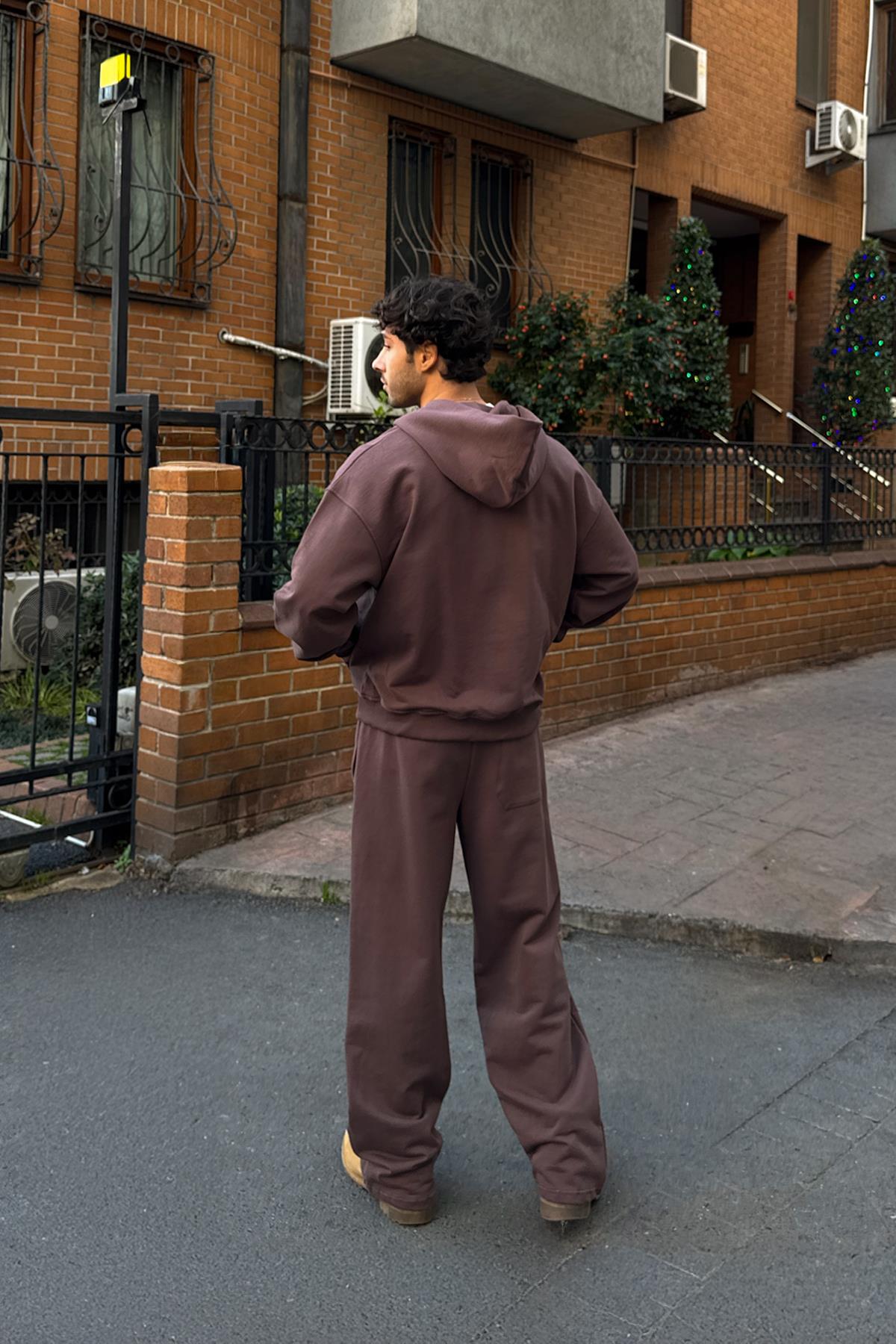 Diyagonal Premium Kumaş Basic Zip Hoodie Kahverengi