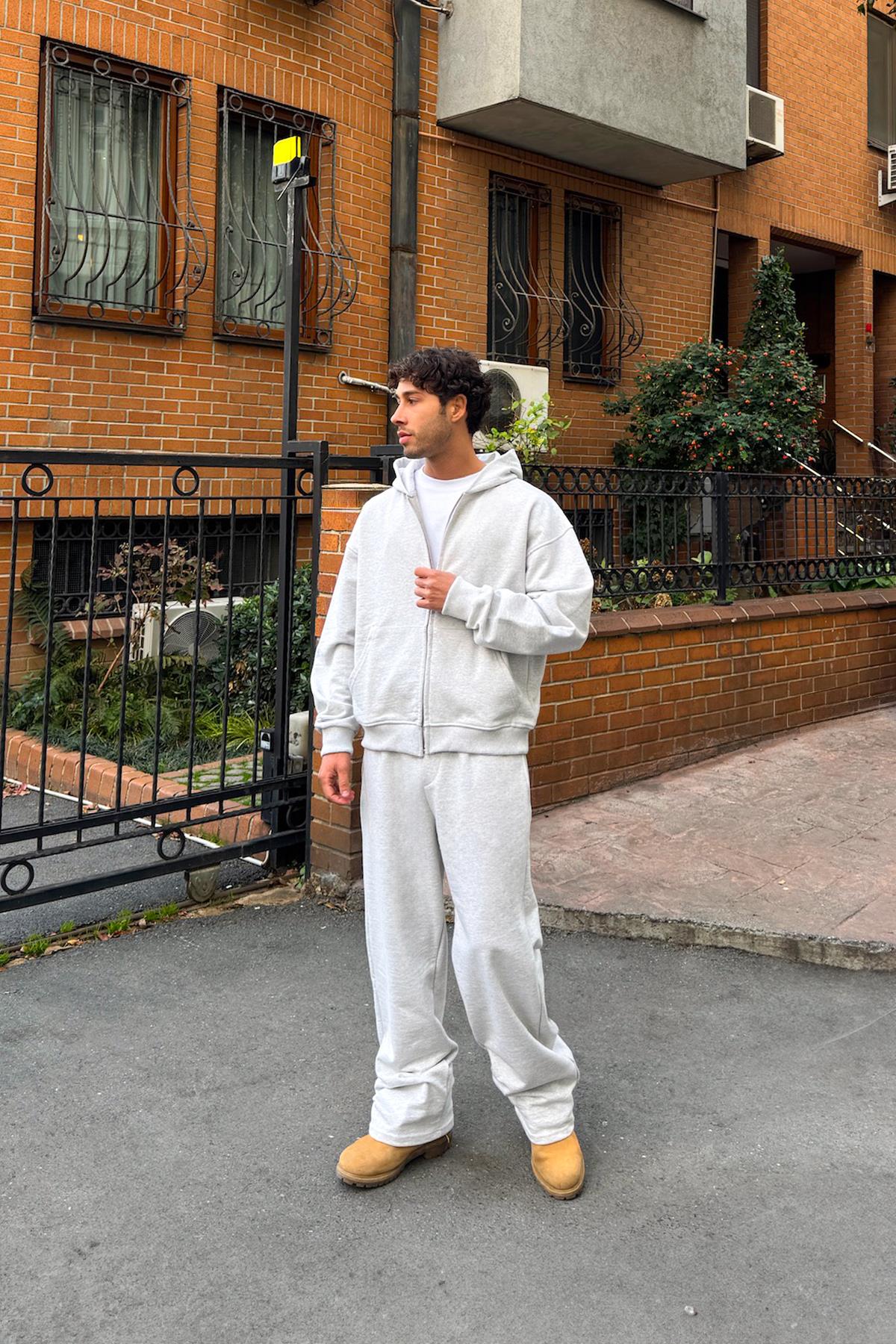 Diyagonal Premium Kumaş Basic Zip Hoodie Kar Melanj