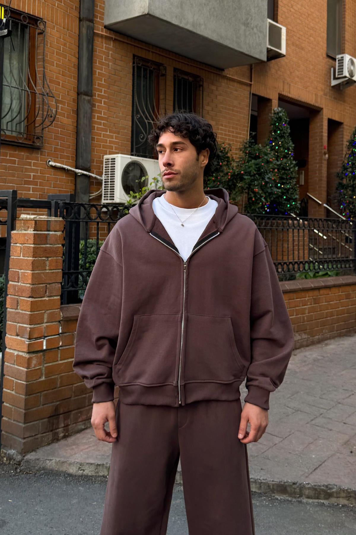 Diyagonal Premium Kumaş Basic Zip Hoodie Kahverengi