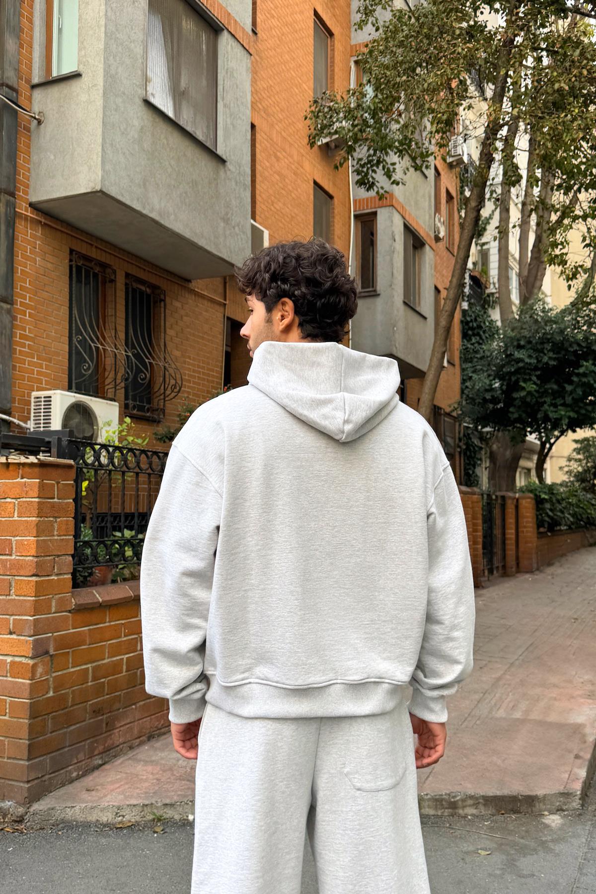 Diyagonal Premium Kumaş Basic Zip Hoodie Kar Melanj