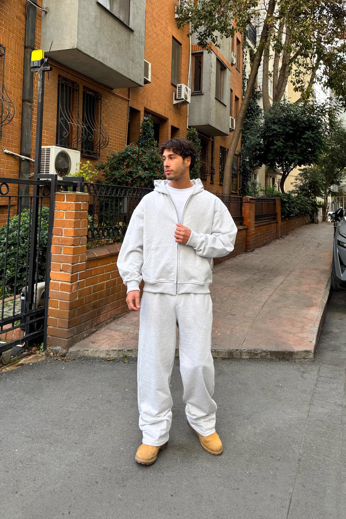 Diyagonal Premium Kumaş Basic Zip Hoodie Kar Melanj