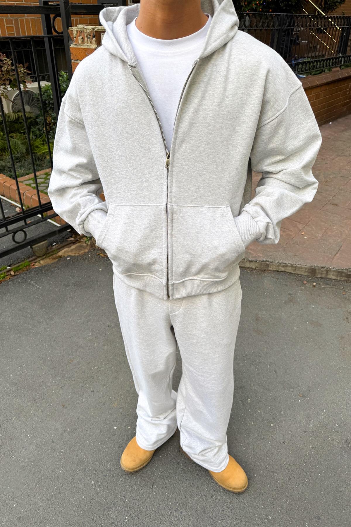 Diyagonal Premium Kumaş Basic Zip Hoodie Kar Melanj