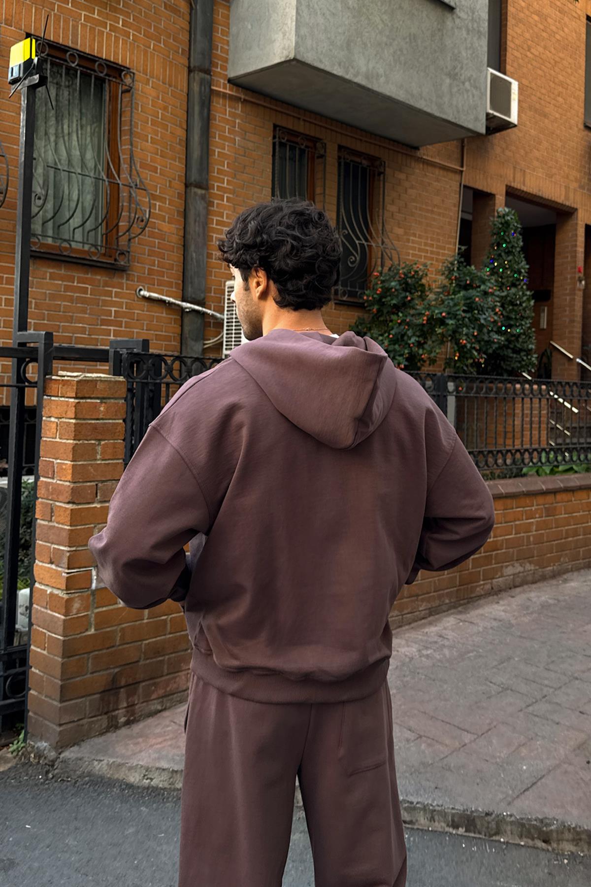 Diyagonal Premium Kumaş Basic Zip Hoodie Kahverengi