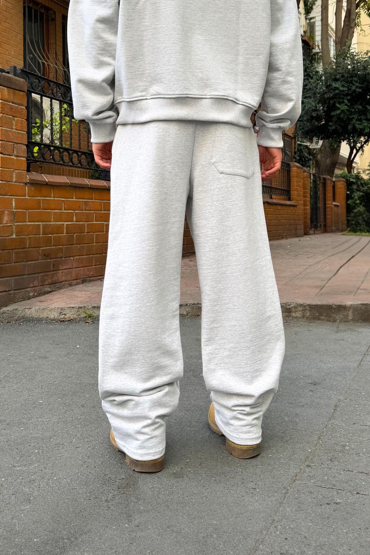 Diyagonal Premium Kumaş Bel Lastikli Eşofman Altı Kar Melanj