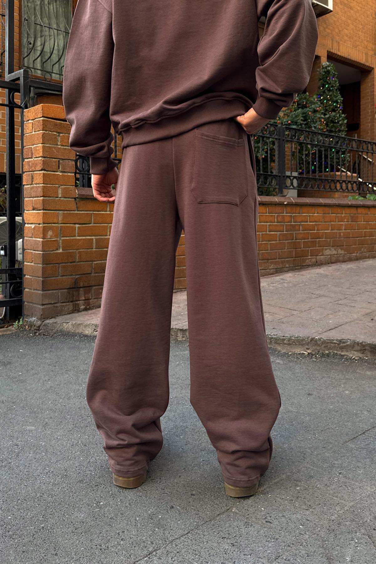 Diyagonal Premium Kumaş Bel Lastikli Eşofman Altı Kahverengi