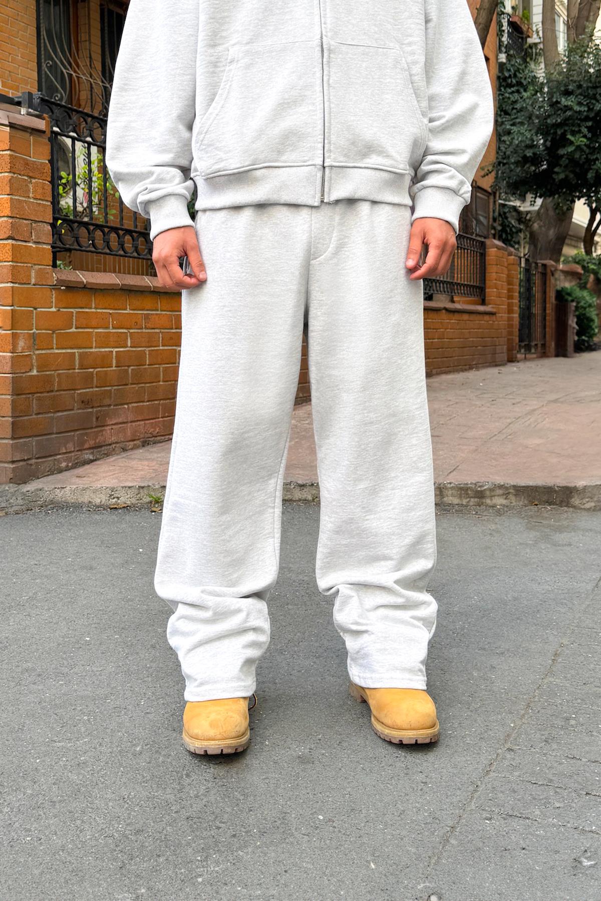 Diyagonal Premium Kumaş Bel Lastikli Eşofman Altı Kar Melanj